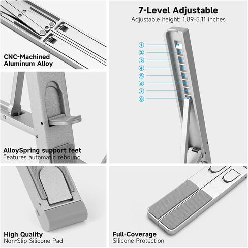 LIENS Laptop Stand, Adjustable Aluminum Ergonomic Riser - 7-Angle, Foldable Portable Ventilated Cooling, Compatible with MacBook Air Pro, HP, Dell, Lenovo, All 10-17 Inch Laptops (Silver) in Kuwait