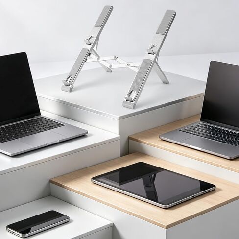 LIENS Laptop Stand, Adjustable Aluminum Ergonomic Riser - 7-Angle, Foldable Portable Ventilated Cooling, Compatible with MacBook Air Pro, HP, Dell, Lenovo, All 10-17 Inch Laptops (Silver) in Kuwait