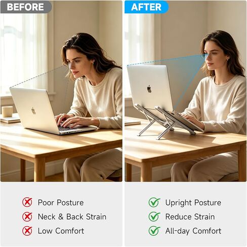 LIENS Laptop Stand, Adjustable Aluminum Ergonomic Riser - 7-Angle, Foldable Portable Ventilated Cooling, Compatible with MacBook Air Pro, HP, Dell, Lenovo, All 10-17 Inch Laptops (Silver) in Kuwait