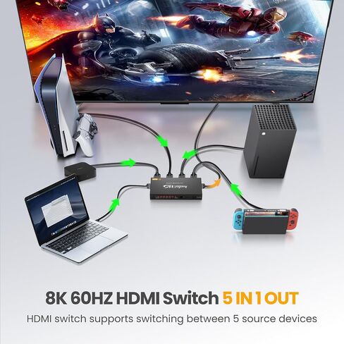 avedio links 8K HDMI2.1 Switch with Remote 5x1, 5 in 1 Out HDMI Splitter with Remote, Auto Switch HDMI Selector Box Support 4K@60Hz, HDCP2.3, HDR, 3D, for PS5, Xbox, Fire Stick, Blu-ray, HDTV in Kuwait