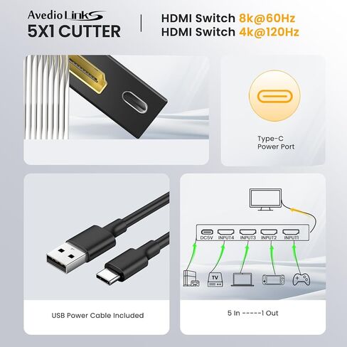 avedio links 8K HDMI2.1 Switch with Remote 5x1, 5 in 1 Out HDMI Splitter with Remote, Auto Switch HDMI Selector Box Support 4K@60Hz, HDCP2.3, HDR, 3D, for PS5, Xbox, Fire Stick, Blu-ray, HDTV in Kuwait