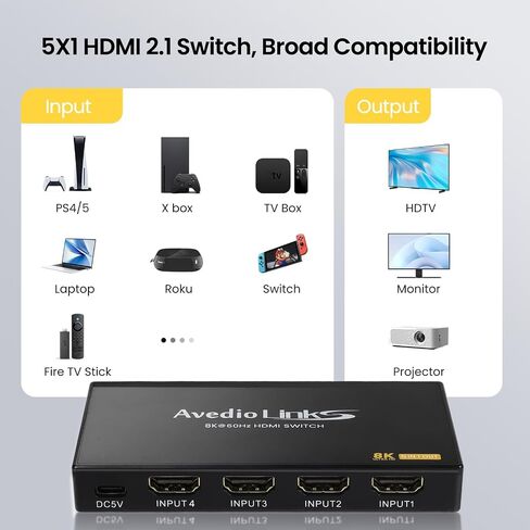 avedio links 8K HDMI2.1 Switch with Remote 5x1, 5 in 1 Out HDMI Splitter with Remote, Auto Switch HDMI Selector Box Support 4K@60Hz, HDCP2.3, HDR, 3D, for PS5, Xbox, Fire Stick, Blu-ray, HDTV in Kuwait