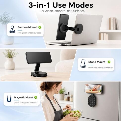 3-in-1 Magnetic Phone Holder, Foldable Suction Cup Phone Mount Stand with 360° Rotation, Portable Magnetic Cell Phone Stand for Car Dashboard, Desk, Kitchen, Gym, Office in Kuwait