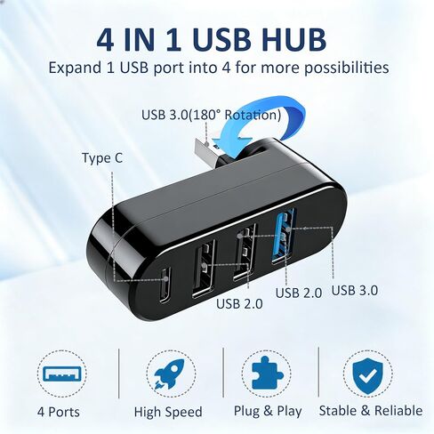 4-Port USB 3.0 Hub [90°/180° Rotatable], USB Splitter with 1 USB 3.0 & 2 USB 2.0 Ports Plus PD-in 5W USB-C Data Port, USB Extender Hub for Laptop, Car & More USB Multiport Adapter Devices in Kuwait