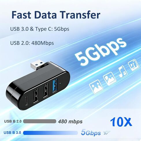 4-Port USB 3.0 Hub [90°/180° Rotatable], USB Splitter with 1 USB 3.0 & 2 USB 2.0 Ports Plus PD-in 5W USB-C Data Port, USB Extender Hub for Laptop, Car & More USB Multiport Adapter Devices in Kuwait