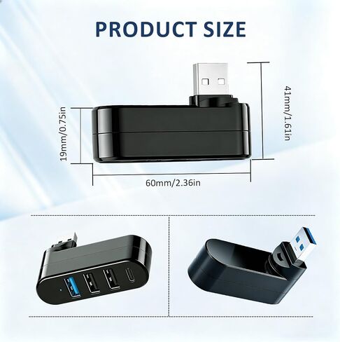 4-Port USB 3.0 Hub [90°/180° Rotatable], USB Splitter with 1 USB 3.0 & 2 USB 2.0 Ports Plus PD-in 5W USB-C Data Port, USB Extender Hub for Laptop, Car & More USB Multiport Adapter Devices in Kuwait