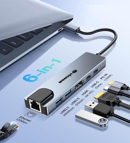 USB C Hub Ethernet HDMI Adapter, 6 in 1 Laptop Docking Station with 4K HDMI, RJ45 Ethernet,LAN USB C Dongle for MacBook Pro/Air, iPad Pro, Dell XPS etc in Kuwait