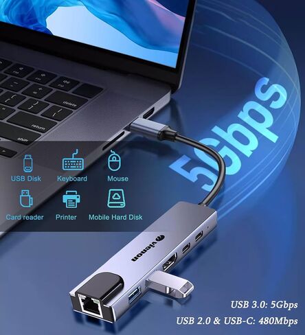 USB C Hub Ethernet HDMI Adapter, 6 in 1 Laptop Docking Station with 4K HDMI, RJ45 Ethernet,LAN USB C Dongle for MacBook Pro/Air, iPad Pro, Dell XPS etc in Kuwait