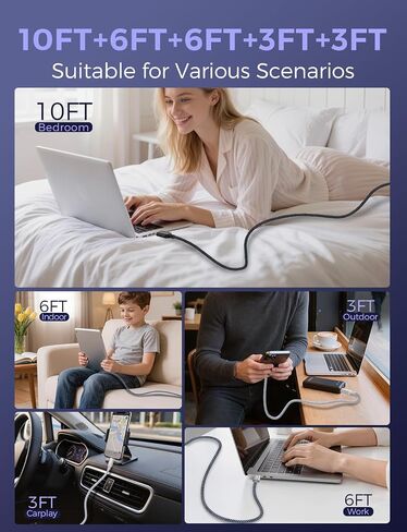 JIUWFOX USB C to USB C Cable, (5Pack, 3/3/6/6/10FT) 60W Fast Charging in Kuwait