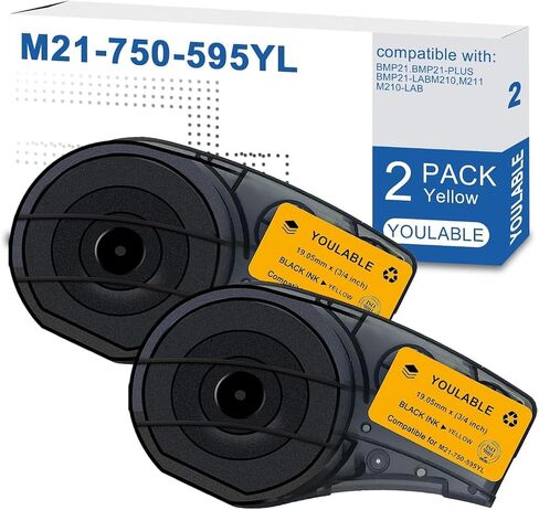 Compatible with M21-750-595-YL 0.75" W 21' L All-Weather Vinyl Label -Black on Yellow-for Indoor/Outdoor, Work with BMP21-PLUS, BMP21-LAB0, M210, M211, M210-LAB Label Printer, (2-Pack) in Kuwait