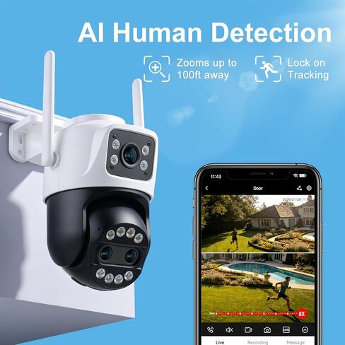 3 Lens Outdoor Camera Wired, 8X Hybrid Zoom WiFi Cam, 32GB Local Storage in Kuwait
