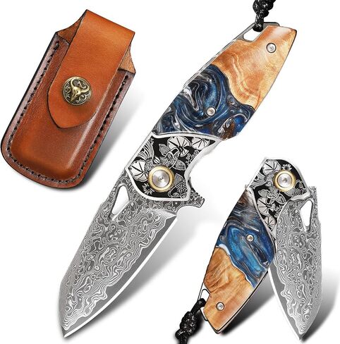 Handmade Damascus Steel Folding Knife，Unisex Pocket Knife，2.5"Blade，With a cowhide knife sheath，Fish and Floral Pattern Decorations，Resin-fused maple wood knife handle，Suitable for camping, hiking, and mountaineering EDC knives in Kuwait