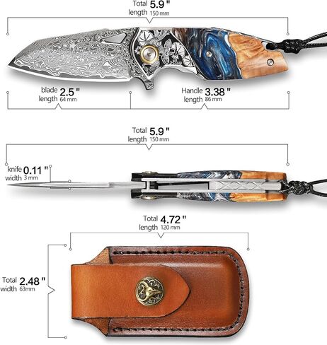 Handmade Damascus Steel Folding Knife，Unisex Pocket Knife，2.5"Blade，With a cowhide knife sheath，Fish and Floral Pattern Decorations，Resin-fused maple wood knife handle，Suitable for camping, hiking, and mountaineering EDC knives in Kuwait