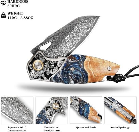 Handmade Damascus Steel Folding Knife，Unisex Pocket Knife，2.5"Blade，With a cowhide knife sheath，Fish and Floral Pattern Decorations，Resin-fused maple wood knife handle，Suitable for camping, hiking, and mountaineering EDC knives in Kuwait