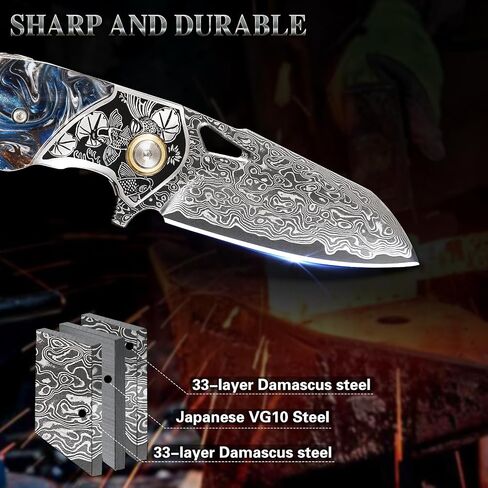 Handmade Damascus Steel Folding Knife，Unisex Pocket Knife，2.5"Blade，With a cowhide knife sheath，Fish and Floral Pattern Decorations，Resin-fused maple wood knife handle，Suitable for camping, hiking, and mountaineering EDC knives in Kuwait