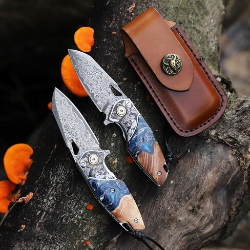 Handmade Damascus Steel Folding Knife，Unisex Pocket Knife，2.5"Blade，With a cowhide knife sheath，Fish and Floral Pattern Decorations，Resin-fused maple wood knife handle，Suitable for camping, hiking, and mountaineering EDC knives in Kuwait