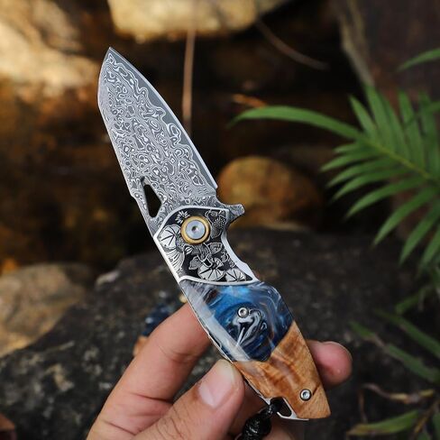 Handmade Damascus Steel Folding Knife，Unisex Pocket Knife，2.5"Blade，With a cowhide knife sheath，Fish and Floral Pattern Decorations，Resin-fused maple wood knife handle，Suitable for camping, hiking, and mountaineering EDC knives in Kuwait