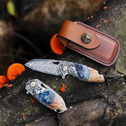 Handmade Damascus Steel Folding Knife，Unisex Pocket Knife，2.5"Blade，With a cowhide knife sheath，Fish and Floral Pattern Decorations，Resin-fused maple wood knife handle，Suitable for camping, hiking, and mountaineering EDC knives in Kuwait