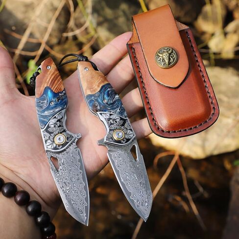 Handmade Damascus Steel Folding Knife，Unisex Pocket Knife，2.5"Blade，With a cowhide knife sheath，Fish and Floral Pattern Decorations，Resin-fused maple wood knife handle，Suitable for camping, hiking, and mountaineering EDC knives in Kuwait