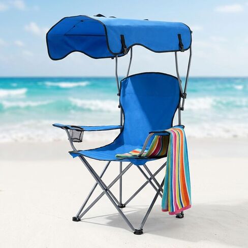 Portable Camping Chair with Adjustable Canopy, Outdoor Folding Chair with Cup Holder & Sun Shade for Beach, Camping, Sports in Kuwait