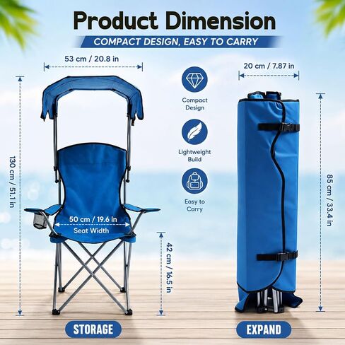 Portable Camping Chair with Adjustable Canopy, Outdoor Folding Chair with Cup Holder & Sun Shade for Beach, Camping, Sports in Kuwait