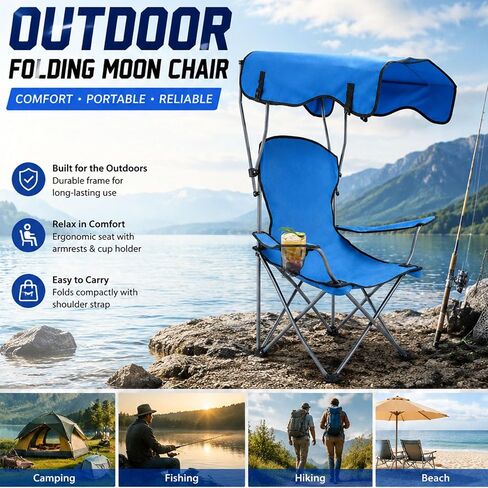 Portable Camping Chair with Adjustable Canopy, Outdoor Folding Chair with Cup Holder & Sun Shade for Beach, Camping, Sports in Kuwait