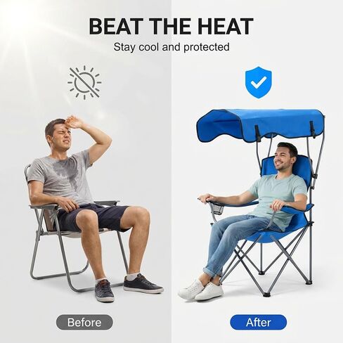 Portable Camping Chair with Adjustable Canopy, Outdoor Folding Chair with Cup Holder & Sun Shade for Beach, Camping, Sports in Kuwait