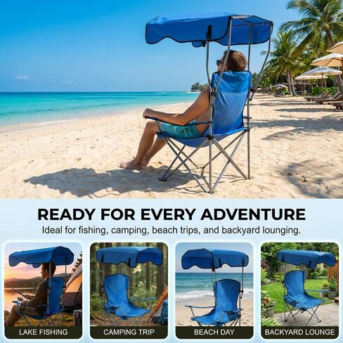 Portable Camping Chair with Adjustable Canopy, Outdoor Folding Chair with Cup Holder & Sun Shade for Beach, Camping, Sports in Kuwait