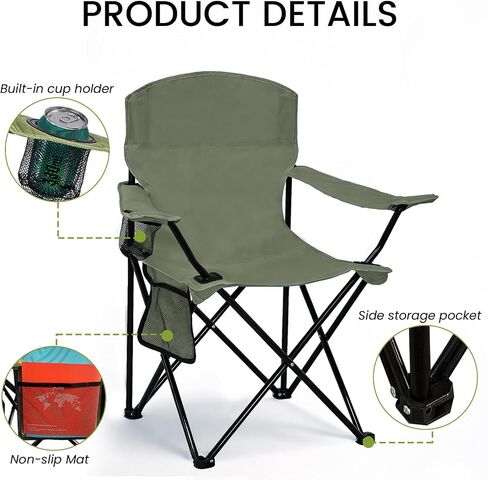 Folding Camping Chair with Cup Holder & Side Storage Bag 300lbs Capacity Lightweight High Back Portable for Beach, Picnic, Sport, Green in Kuwait