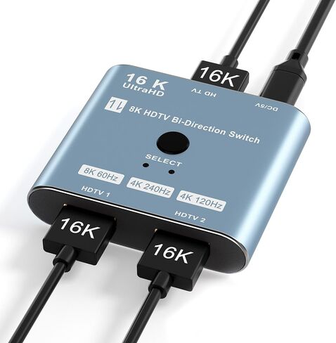 8K/16K Hdmi 2.1 Switcher 2 in 1 Out, Bidirectional Hdmi Splitter Support 4K@120HZ/240Hz 16K@30Hz/8K@60Hz DTS VRR HDR10+ Dolby, 48Gbps 2 Computers 1 Monitor Hdmi Switch for Switch PS5 Xbox Roku TV in Saudi Arabia