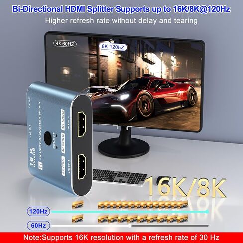 8K/16K Hdmi 2.1 Switcher 2 in 1 Out, Bidirectional Hdmi Splitter Support 4K@120HZ/240Hz 16K@30Hz/8K@60Hz DTS VRR HDR10+ Dolby, 48Gbps 2 Computers 1 Monitor Hdmi Switch for Switch PS5 Xbox Roku TV in Saudi Arabia