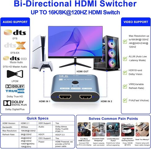 8K/16K Hdmi 2.1 Switcher 2 in 1 Out, Bidirectional Hdmi Splitter Support 4K@120HZ/240Hz 16K@30Hz/8K@60Hz DTS VRR HDR10+ Dolby, 48Gbps 2 Computers 1 Monitor Hdmi Switch for Switch PS5 Xbox Roku TV in Saudi Arabia