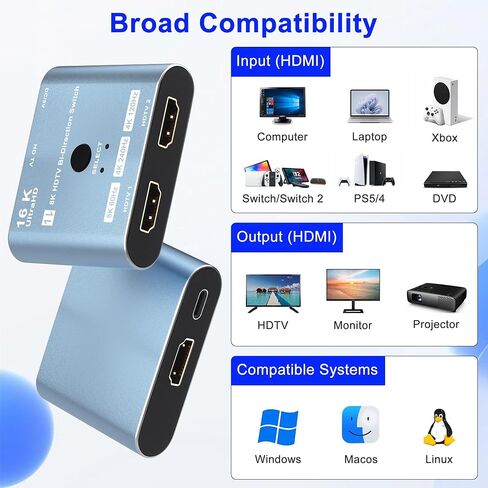 8K/16K Hdmi 2.1 Switcher 2 in 1 Out, Bidirectional Hdmi Splitter Support 4K@120HZ/240Hz 16K@30Hz/8K@60Hz DTS VRR HDR10+ Dolby, 48Gbps 2 Computers 1 Monitor Hdmi Switch for Switch PS5 Xbox Roku TV in Saudi Arabia