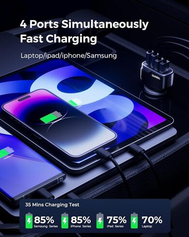 SUNDA 120W USB C Fast Car Charger, 4-Port (2 USB-C + 2 USB A) PD 3.0/60W, PPS QC 3.0, Charging for Family & Road Trip, Cigarette Lighter Adapter for iPhone/Samsung Galaxy/Google Pixel/iPad in Kuwait