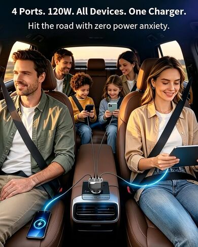 SUNDA 120W USB C Fast Car Charger, 4-Port (2 USB-C + 2 USB A) PD 3.0/60W, PPS QC 3.0, Charging for Family & Road Trip, Cigarette Lighter Adapter for iPhone/Samsung Galaxy/Google Pixel/iPad in Kuwait