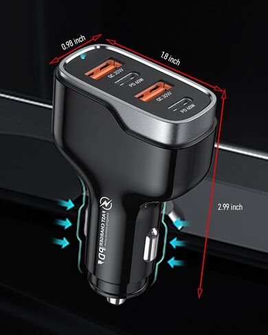 SUNDA 120W USB C Fast Car Charger, 4-Port (2 USB-C + 2 USB A) PD 3.0/60W, PPS QC 3.0, Charging for Family & Road Trip, Cigarette Lighter Adapter for iPhone/Samsung Galaxy/Google Pixel/iPad in Kuwait