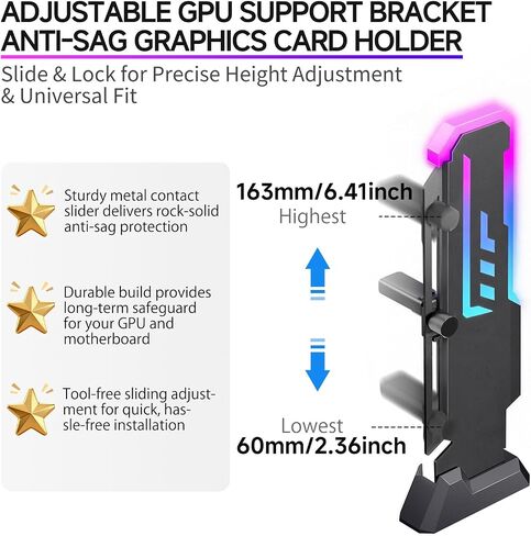 GPU Support Bracket, GSCOLER Universal GPU Anti Sag Bracket, 60-163mm Adjustable GPU Stand for Heavy-Duty Graphics Card Support, 16.8M RGB Modes GPU Brace with Magnet & Non-Slip Base for Video Cards in Kuwait
