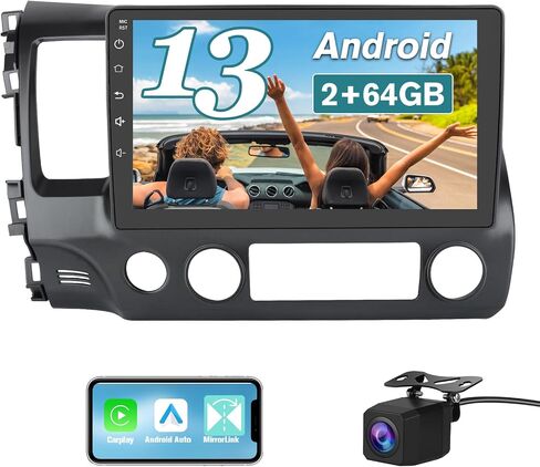 Car Radio for Honda Civic 2006 2007 2008 2009 2010 2011, 10.1 Inch with CarPlay Android Auto, Bluetooth 5.0, GPS Navigation, DSP, FM, AM, Rear Camera Support in Kuwait