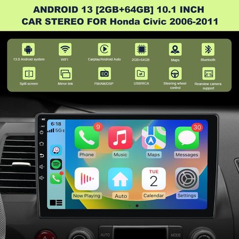 Car Radio for Honda Civic 2006 2007 2008 2009 2010 2011, 10.1 Inch with CarPlay Android Auto, Bluetooth 5.0, GPS Navigation, DSP, FM, AM, Rear Camera Support in Kuwait