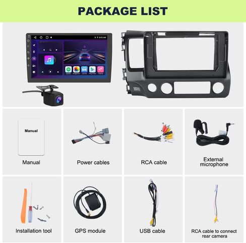 Car Radio for Honda Civic 2006 2007 2008 2009 2010 2011, 10.1 Inch with CarPlay Android Auto, Bluetooth 5.0, GPS Navigation, DSP, FM, AM, Rear Camera Support in Kuwait