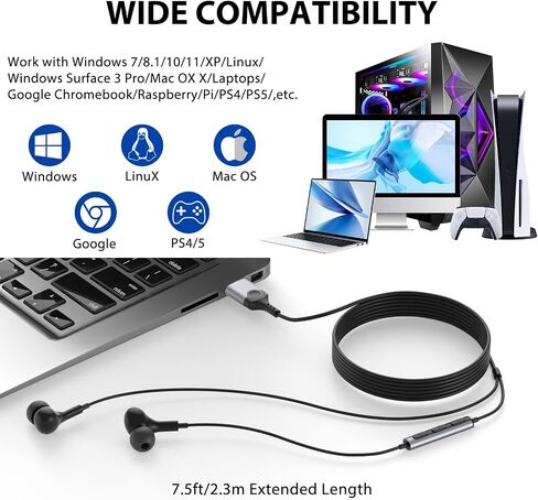 USB Headphone with Mic Mute Volume Control,7.5FT Long Cord PC Wired Earbuds in Kuwait