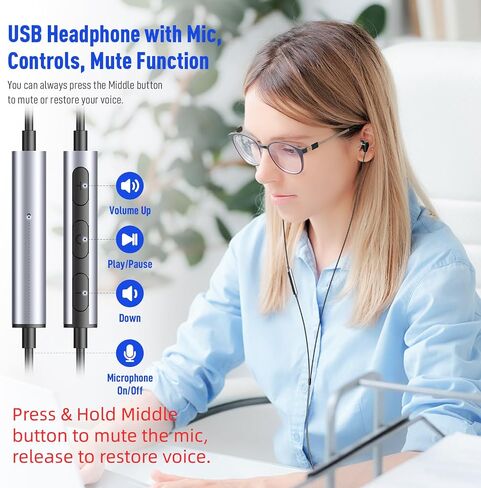 USB Headphone with Mic Mute Volume Control,7.5FT Long Cord PC Wired Earbuds in Kuwait