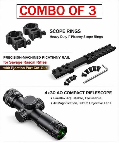 Gotical Combo of 3 | Picatinny Rail Mount for Savage Rascal Rifles with Ejection Port Cut-Out & 4x30 AO Compact Scope Objective Lens, Parallax Adjustable Focusable in Kuwait