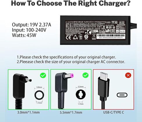 N20C5 N23C3 N19H1 N19H2 N20C4 N23H1 45W 3.0 * 1.1mm Small Pin AC Power Charger Fit for Acer Aspire 1 3 5 r7 ADP-45FE F A314-23P a315-35 A315-23 A515-54 A515-45-r74z PA-1450-26 Laptop Adapter Cord in Saudi Arabia