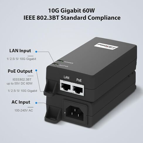 PROCET PoE Injector 10 Gigabit 60W IEEE 802.3BT 10GbE for eero PoE 7, UniFi U6-Enterprise, U7 Pro Max/ XG, Wireless Access Point/ mmWave Bridge, HD PTZ AI Camera, NAS Storage, Smart Factory in Kuwait