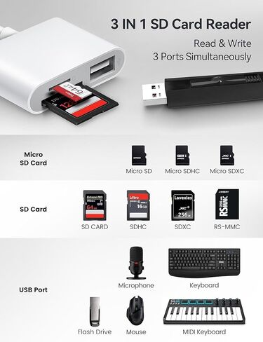 USB-C 3-in-1 SD Card Reader with SD, Micro SD Card Slots and USB Port, High-Speed Data Transfer in Kuwait