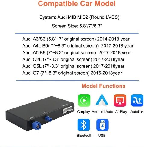 Wireless Carplay Android Auto Adapter for Audi A3 A4 A5 S3 B9 Q7 2014-2018 | MIB/MIB2 Retrofit Kit with Navigation, Music, Siri, OEM Knob Control, Camera Input in Kuwait
