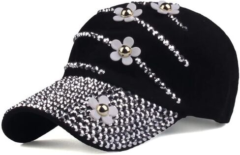 Women Bling Baseball Cap with Flower, Vintage Adjustable Low-Profile Dad Hat Sport Strapback Caps for Ladies in Kuwait