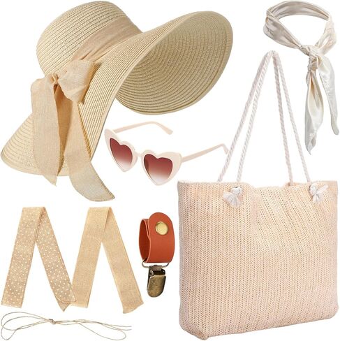 5 Pcs Women Straw Beach Hat Set with Straw Beach Tote Bag Summer Sunglasses Women Head Scarf Hat Clip for Travel in Saudi Arabia