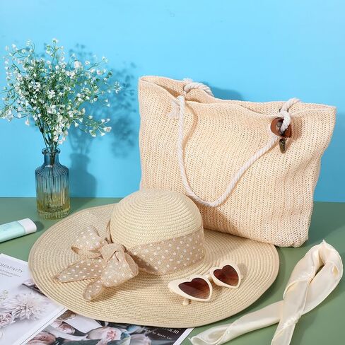 5 Pcs Women Straw Beach Hat Set with Straw Beach Tote Bag Summer Sunglasses Women Head Scarf Hat Clip for Travel in Saudi Arabia